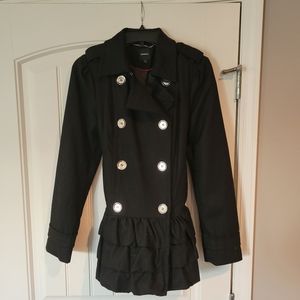 Women's Black Express Ruffled Peplum Peacoat - Size Small